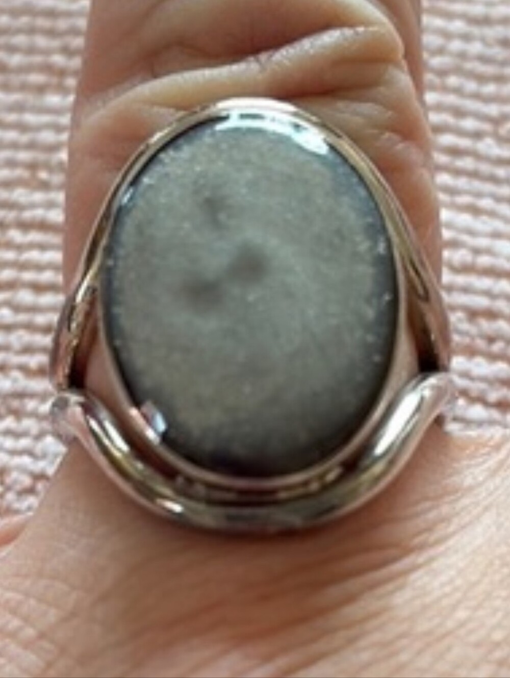 Rare Vintage 925 Sterling Silver White Gray Polished Natural Druzy Stone Ring